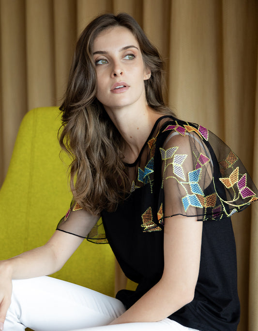 Maglia viscosa aletta tulle ricamato