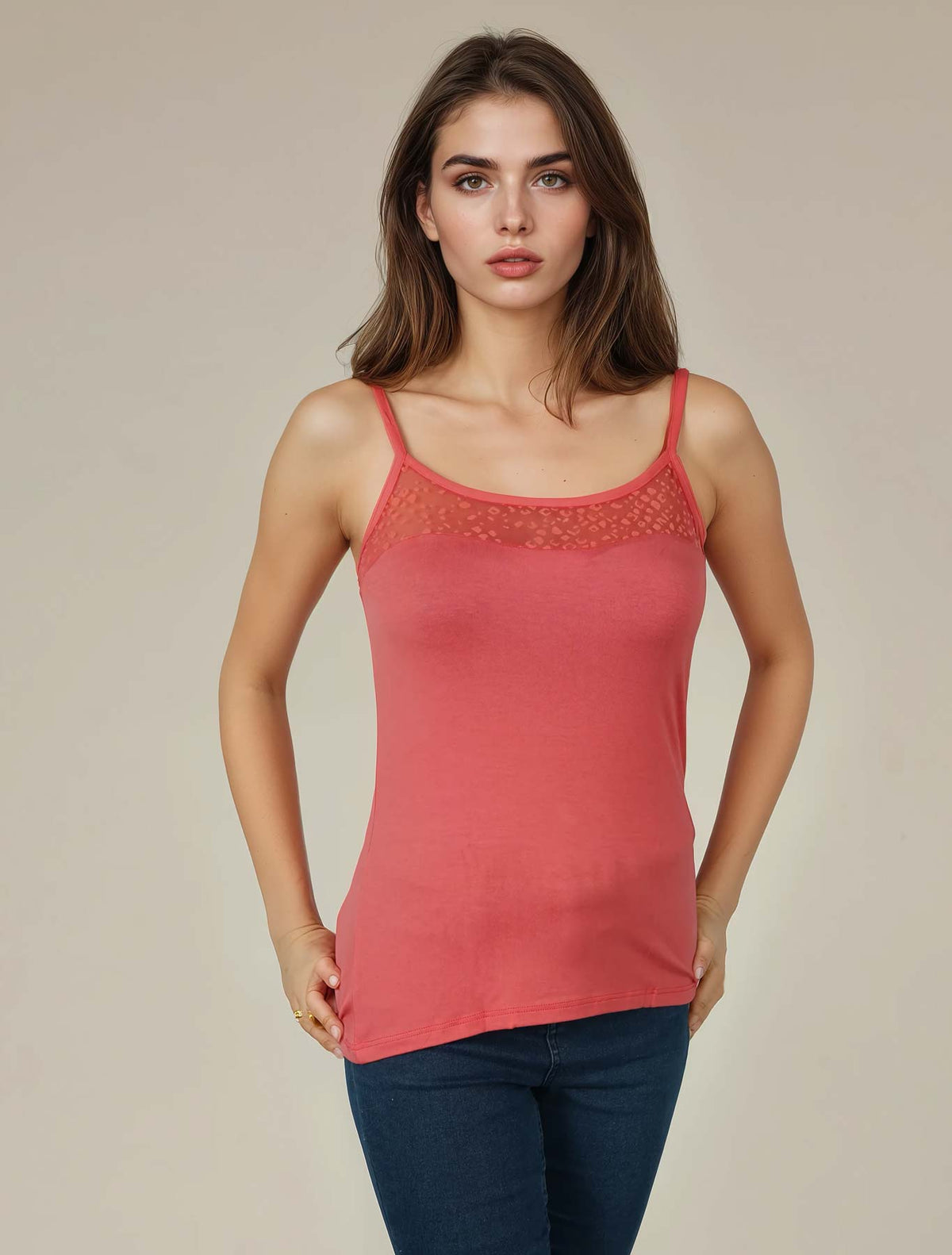 Top viscosa tulle flock leopard colore Camelia