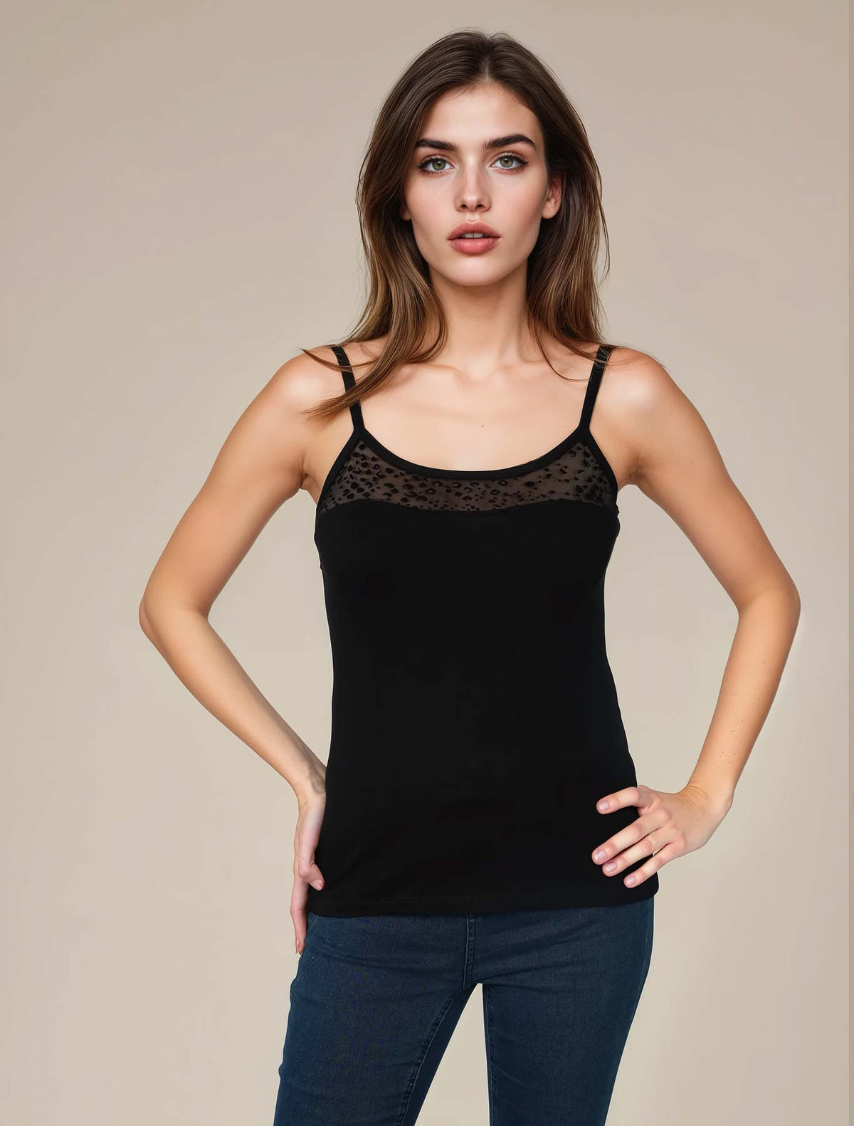 Top viscosa tulle flock leopard colore Nero