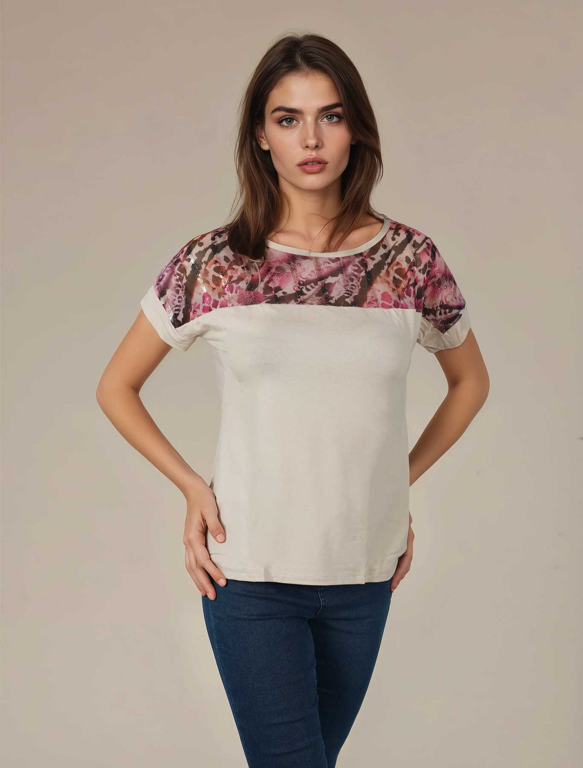 T-shirt viscosa tulle multicolor e paillettes colore nudo