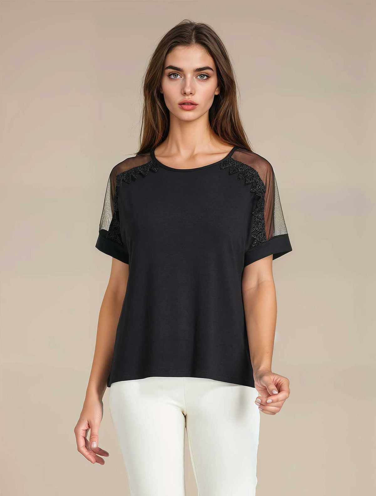 Kimono viscosa maniche inserto tulle nero