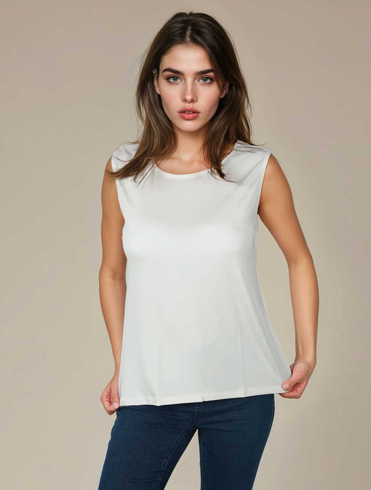 Canotta viscosa schiena tulle e fiori bianco