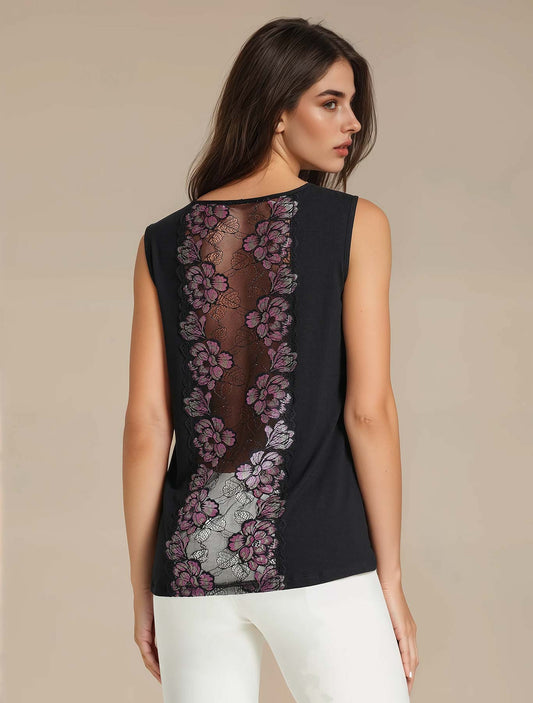 Canotta viscosa schiena tulle e fiori nero