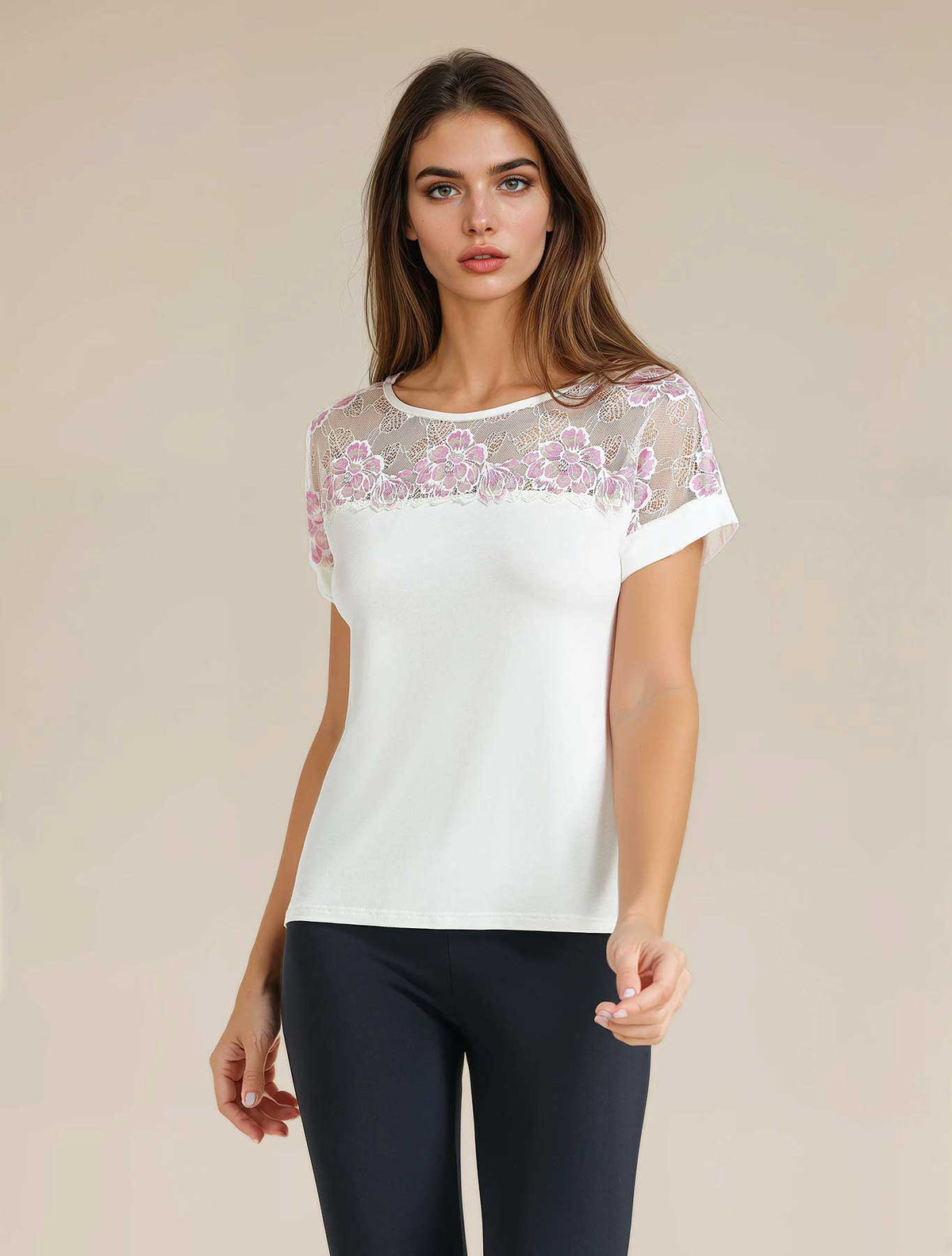 T-shirt viscosa spalle tulle e fiori bianco