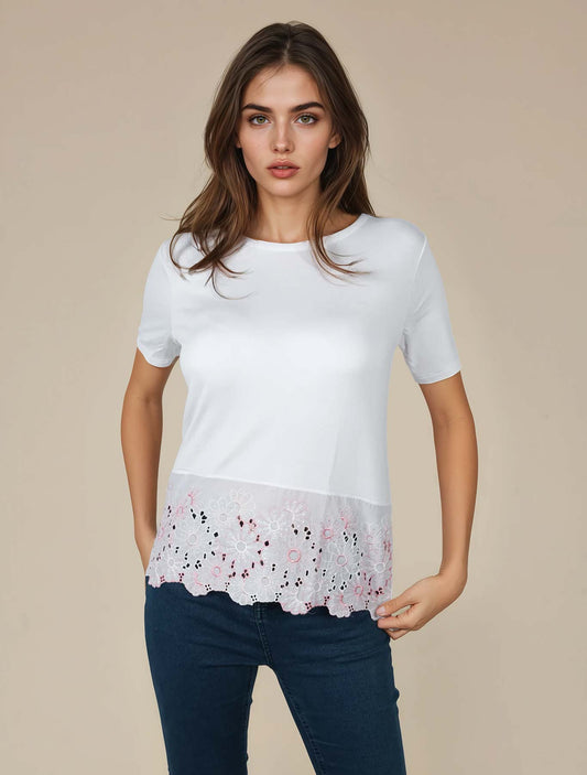 T-shirt viscosa balza sangallo fondo colore Bianco