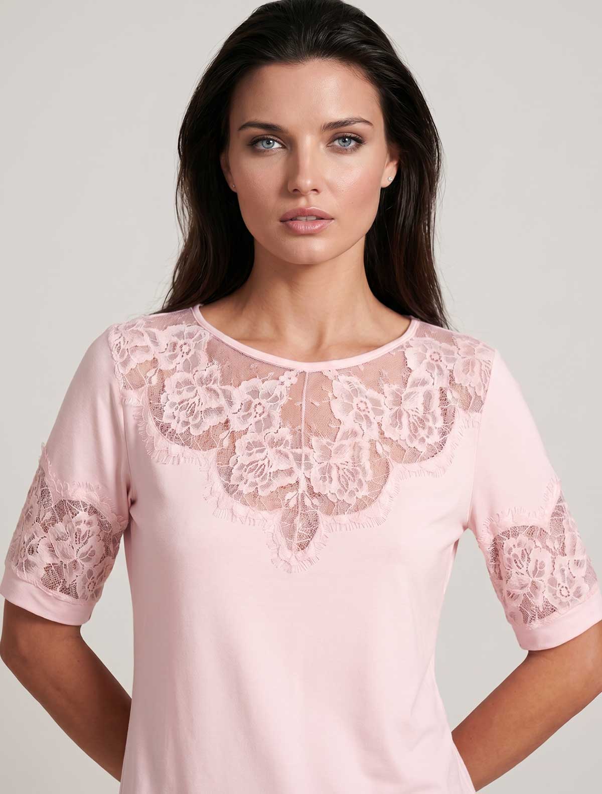 Haut viscose inserts dentelle chantilly * Rosa