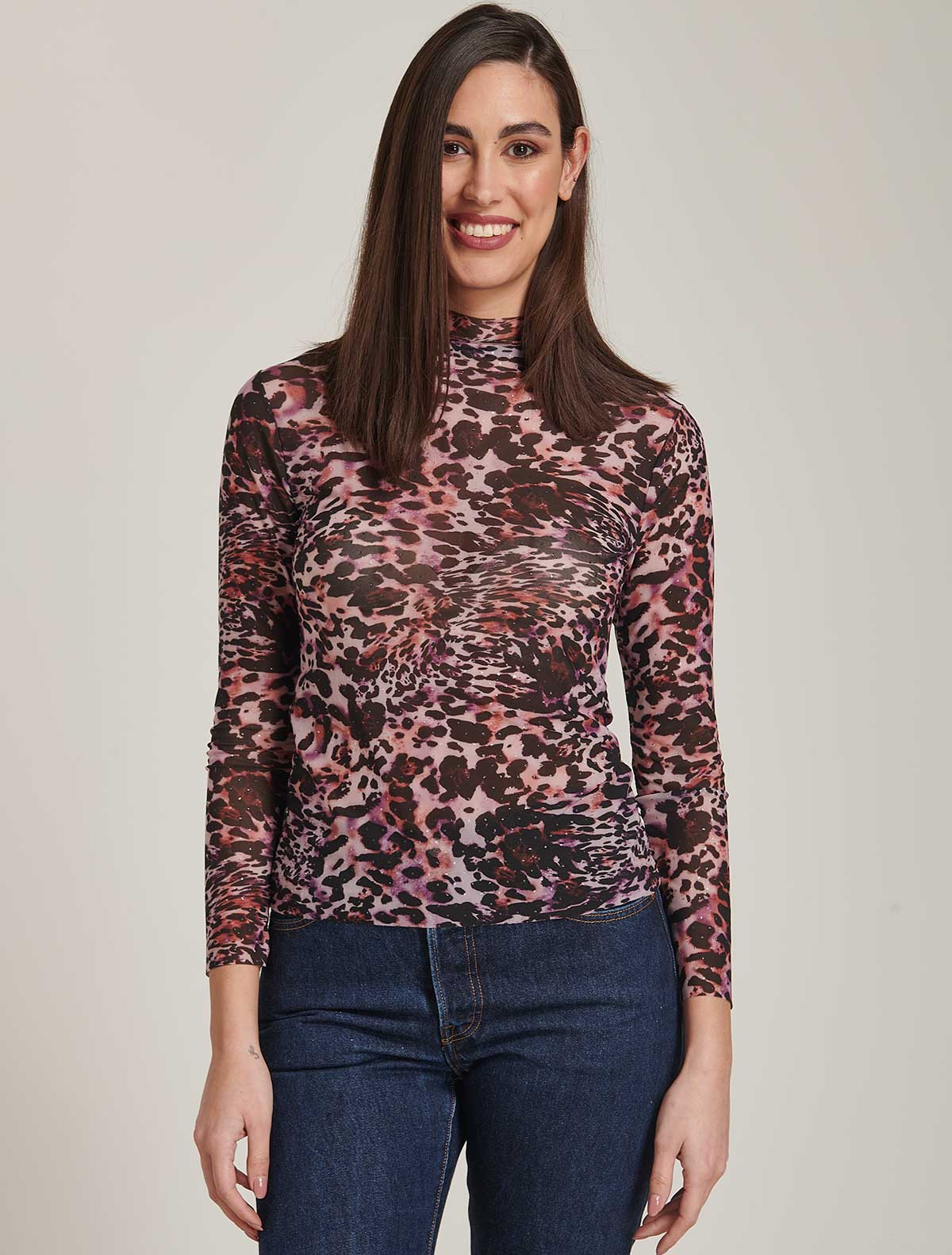 Leopard-print tulle mock-neck top * Leopard-print tulle mock-neck top