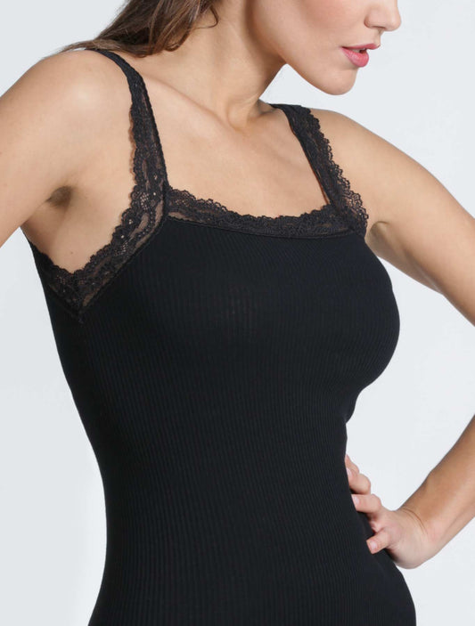 Top lana seta plissé spalline pizzo colore nero