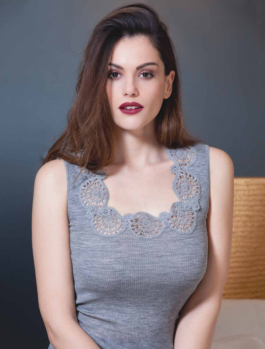 Canotta lana seta plissé macramè cerchi