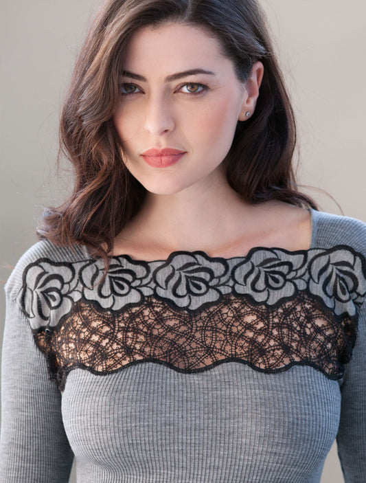 Maglia lana seta plissé inserto rose