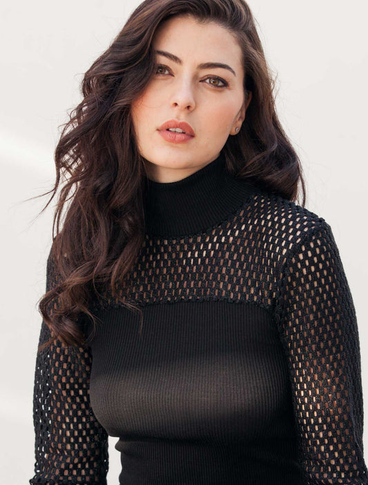 Col roulé laine soie plissée filet lurex