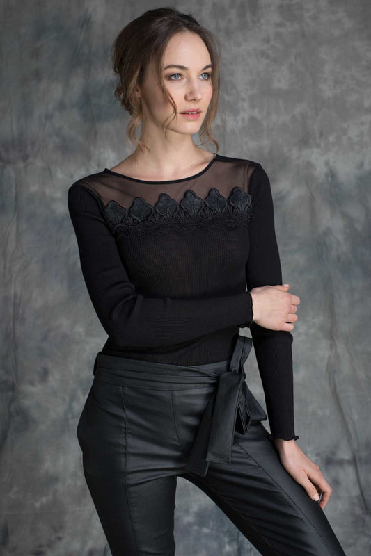 Maglia lana seta plissé ecopelle nero