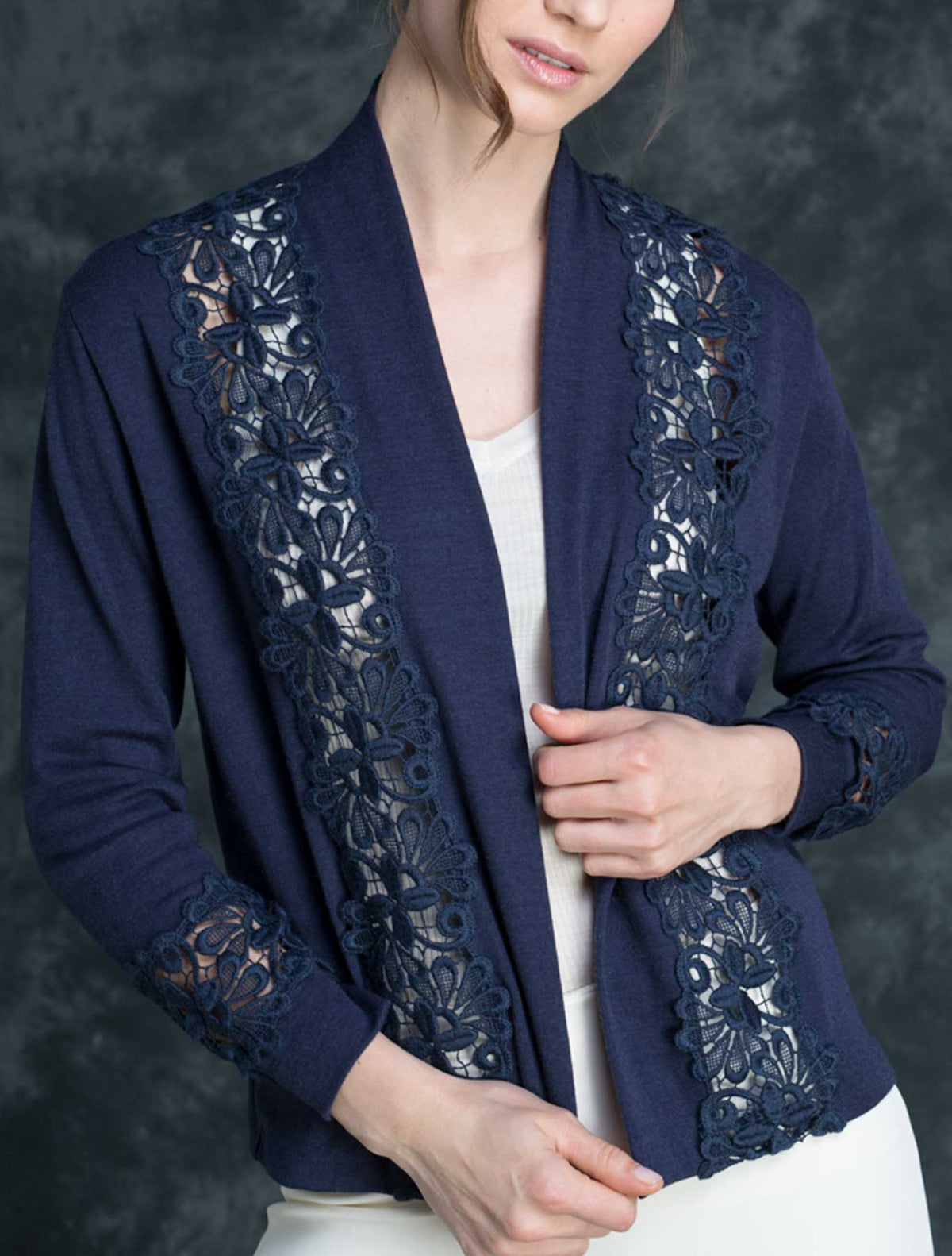 Cardigan ouvert laine soie macramé