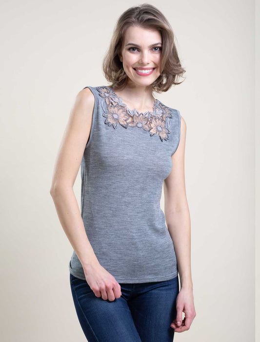 Débardeur laine soie tulle fleurs