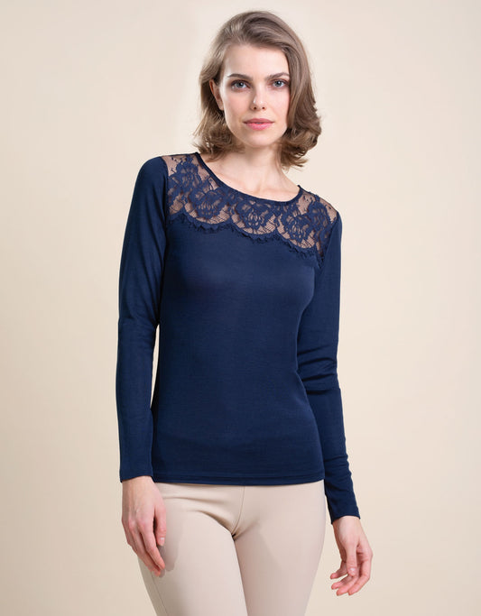 Maglia lana seta pizzo ricamato blu