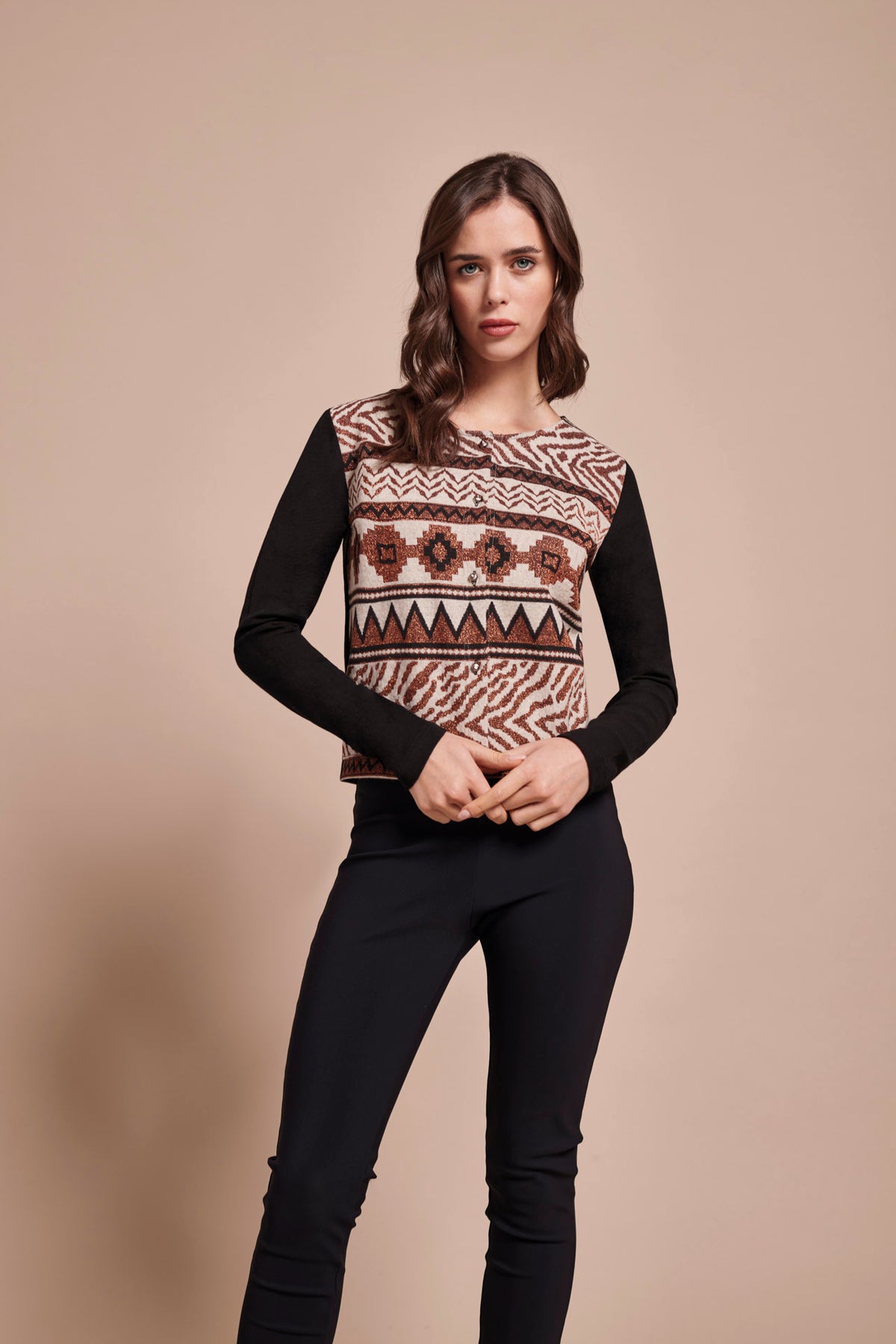 Cardigan laine soie et jacquard ethnique * Nero