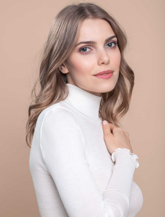 Lupetto collo alto maniche lunghe lana seta colore Bianco dettaglio