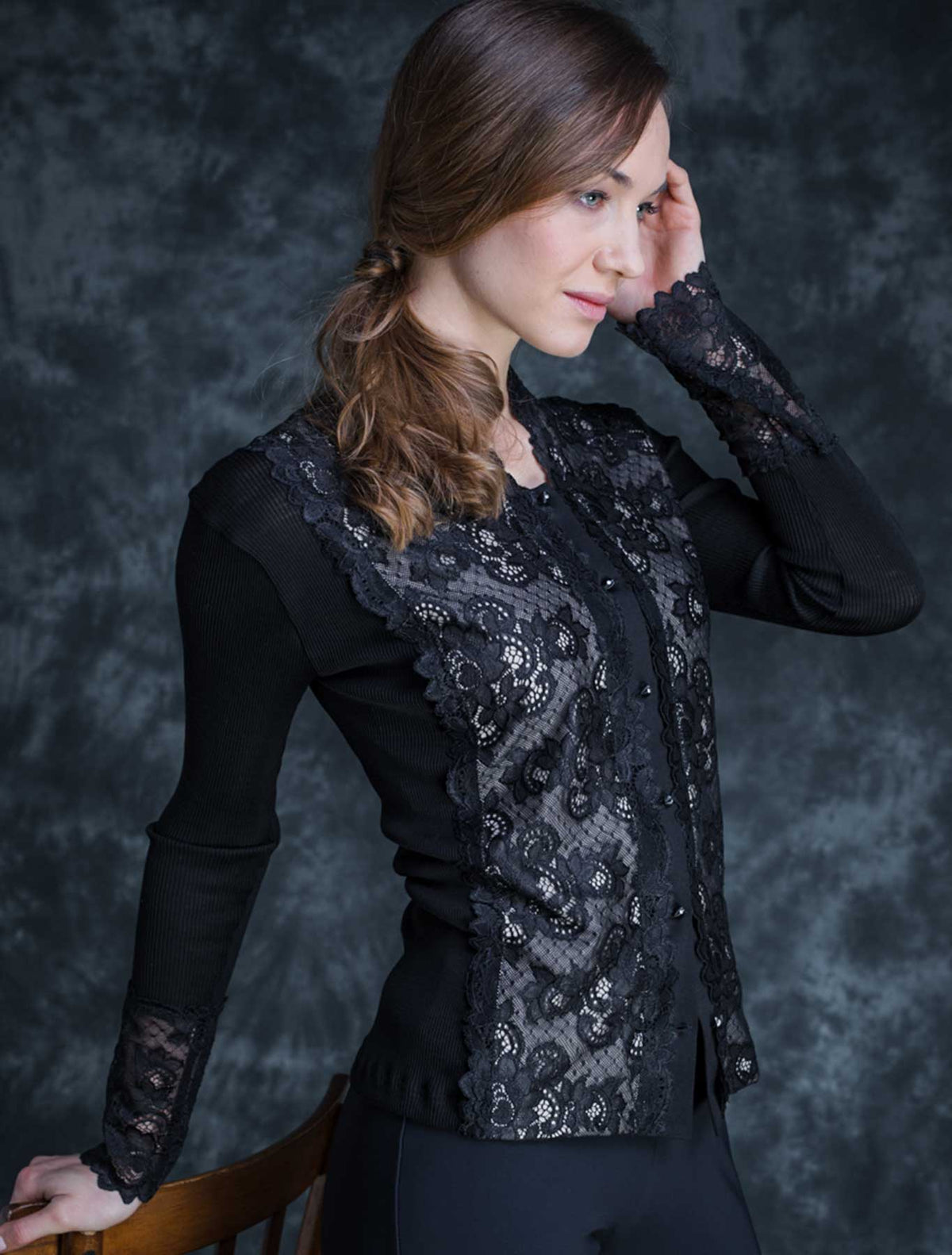 Cardigan lana seta plissé pizzo nero