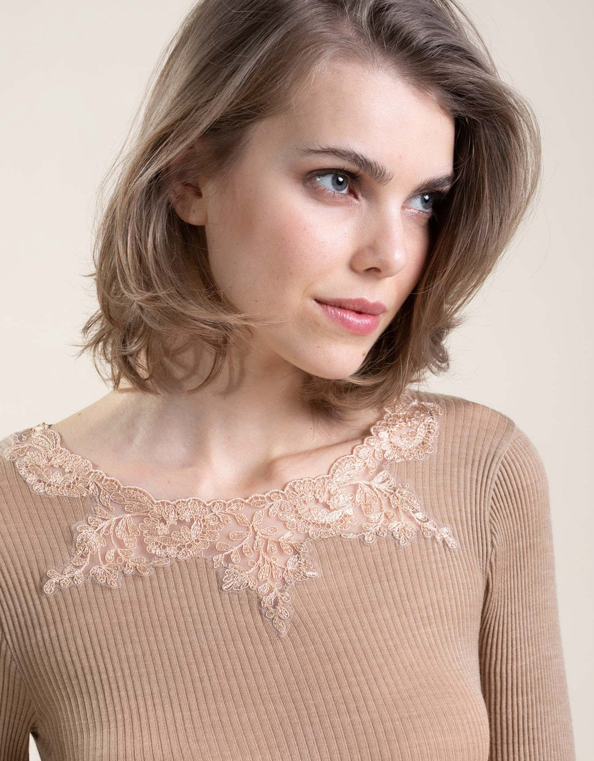 Ribbed silk wool & embroidered tulle sweater