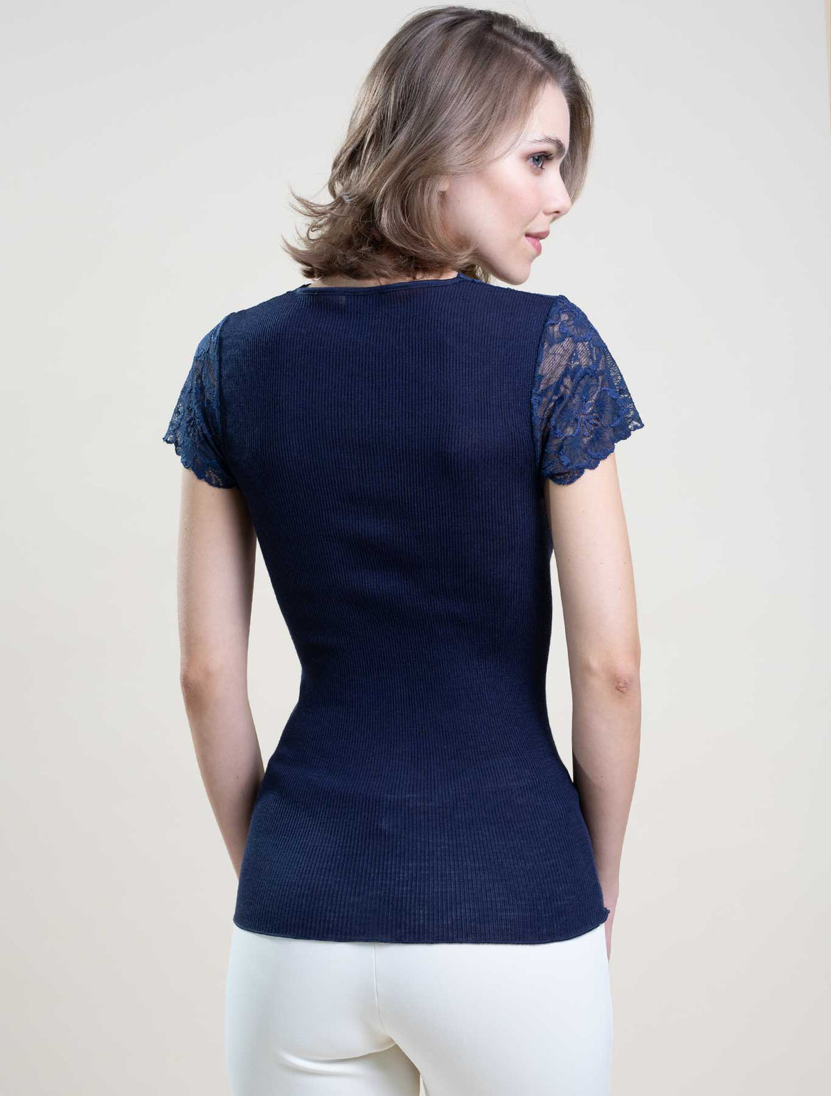 T-shirt lana seta plissé pizzo alto