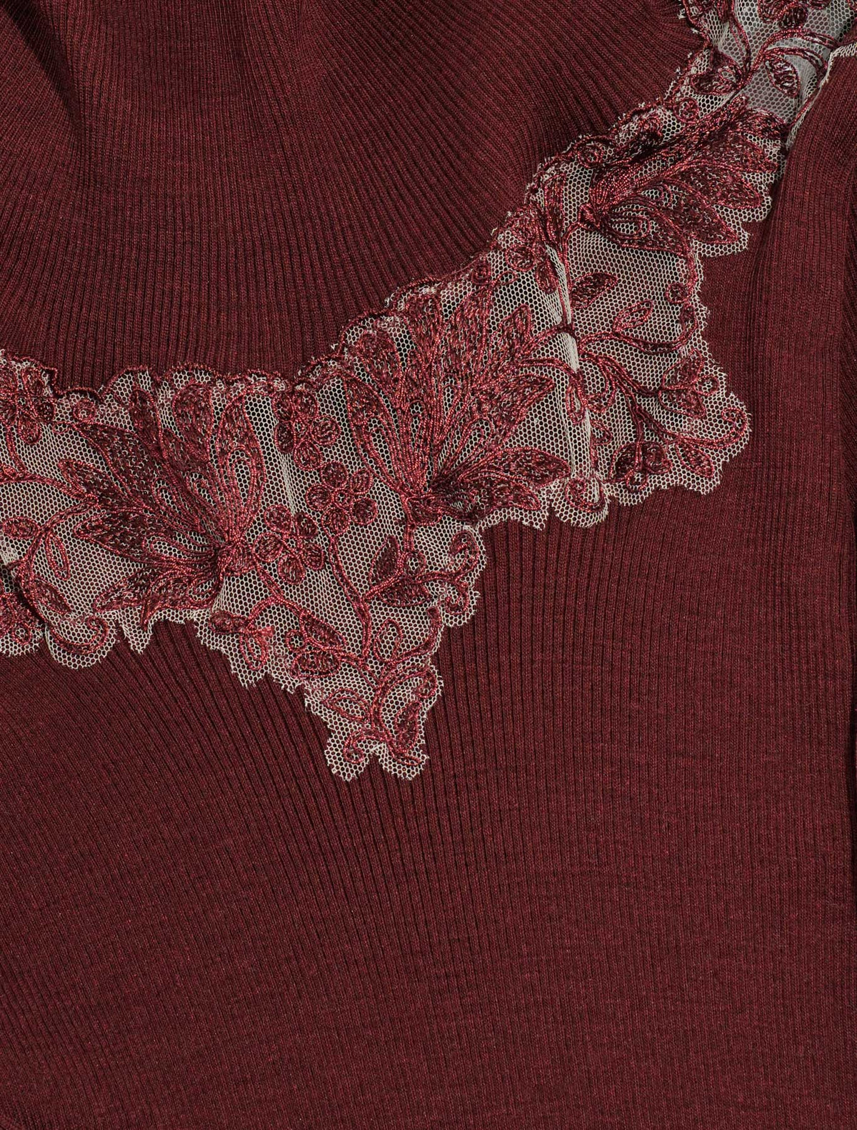 Lupetto Manica Lunga Elisa in Lana Seta Plissè e inserto cordonetto Colore Bordeaux