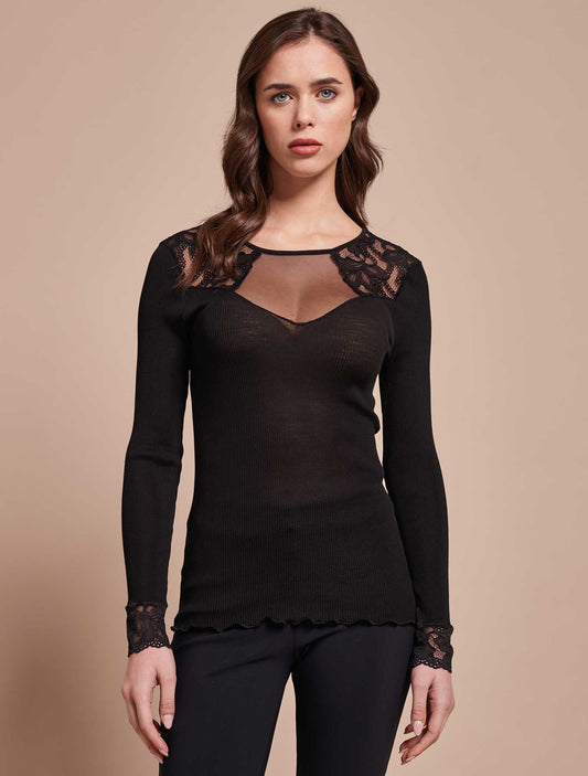 Maglia lana seta plissé tulle pizzo nero