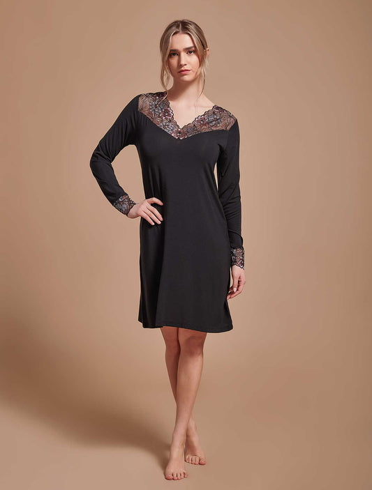 Camicia notte modal pizzo lurex nero