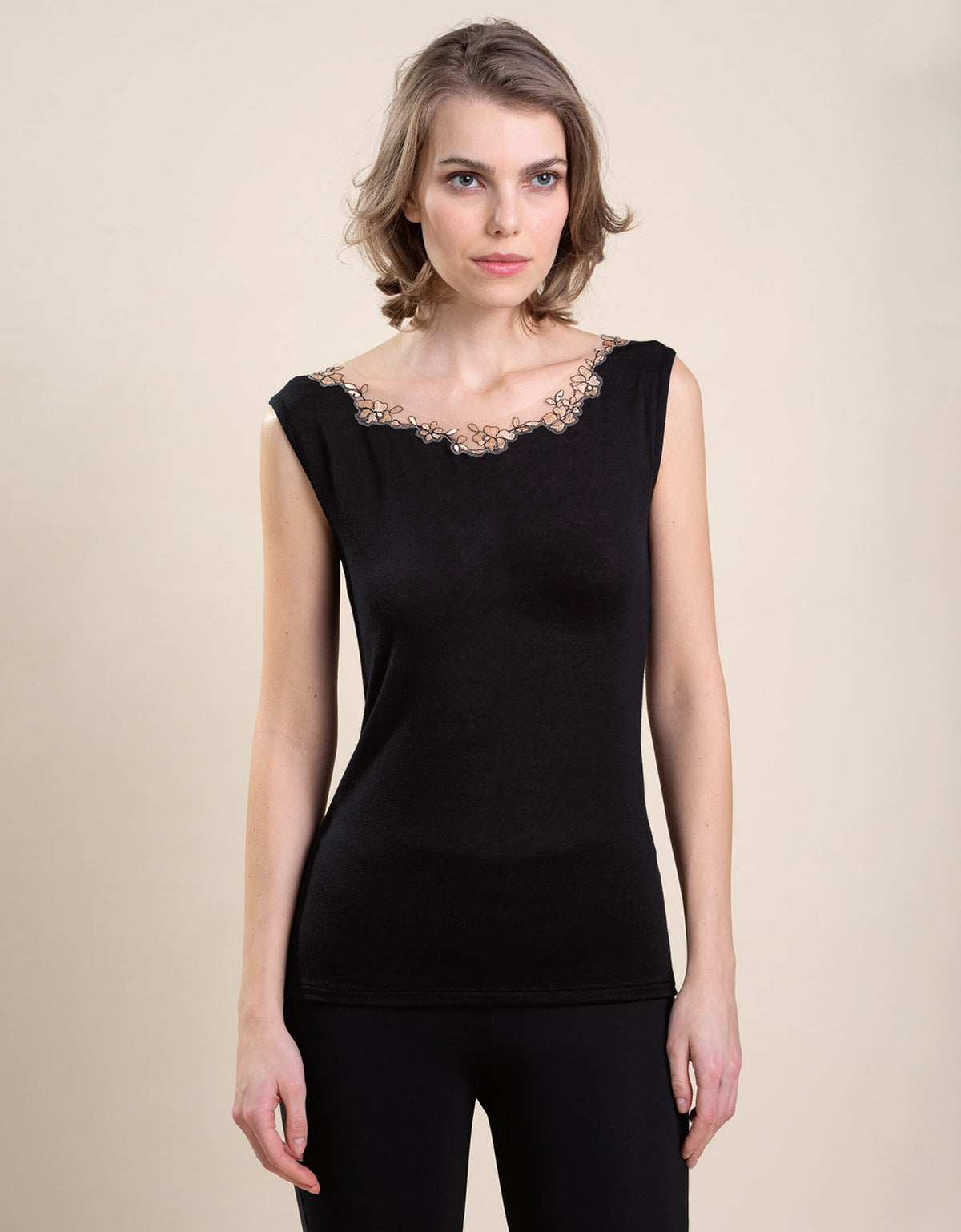 Canotta Agata cashmere modal tulle ricamato