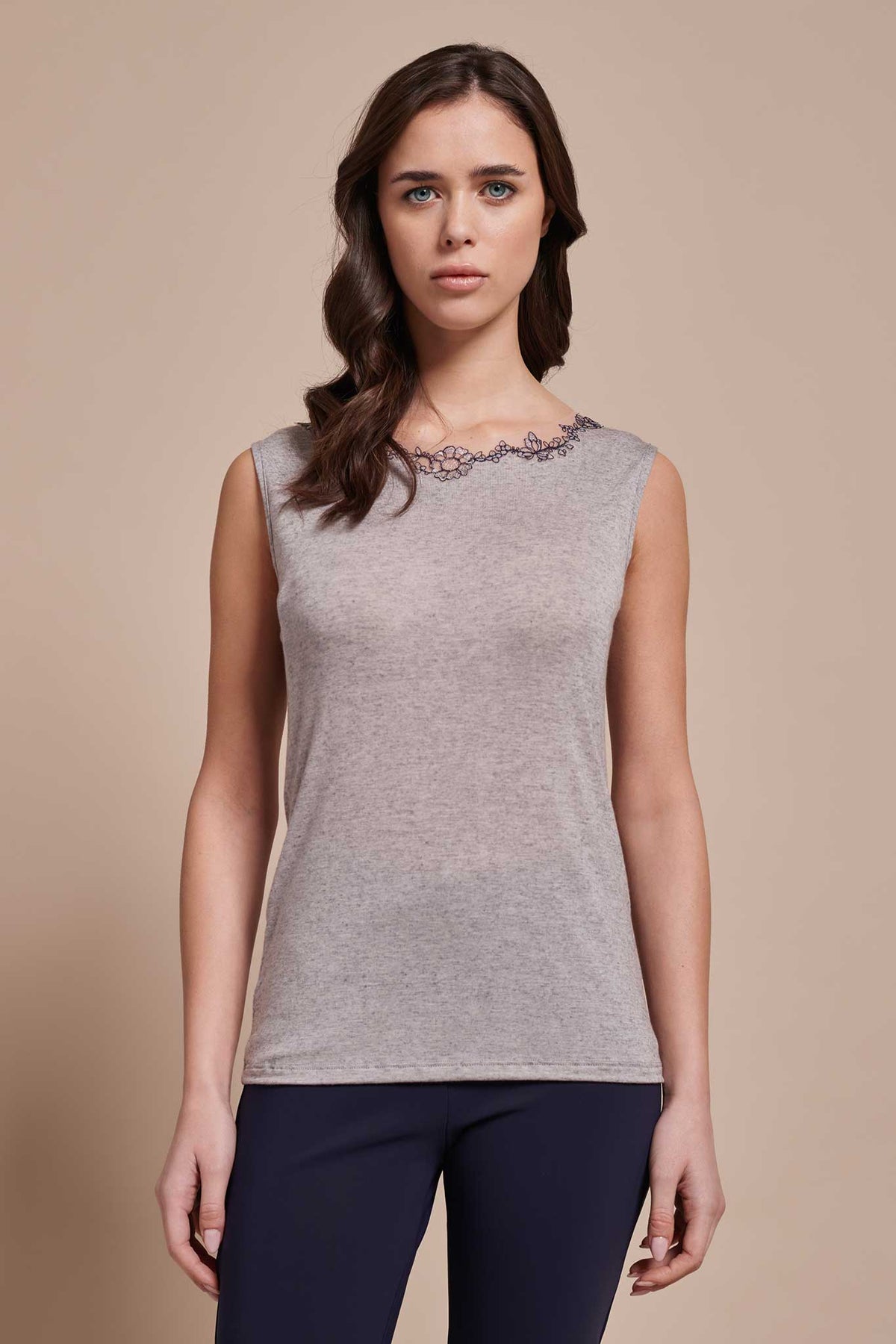 Canotta Agata cashmere modal tulle ricamato * Grigio