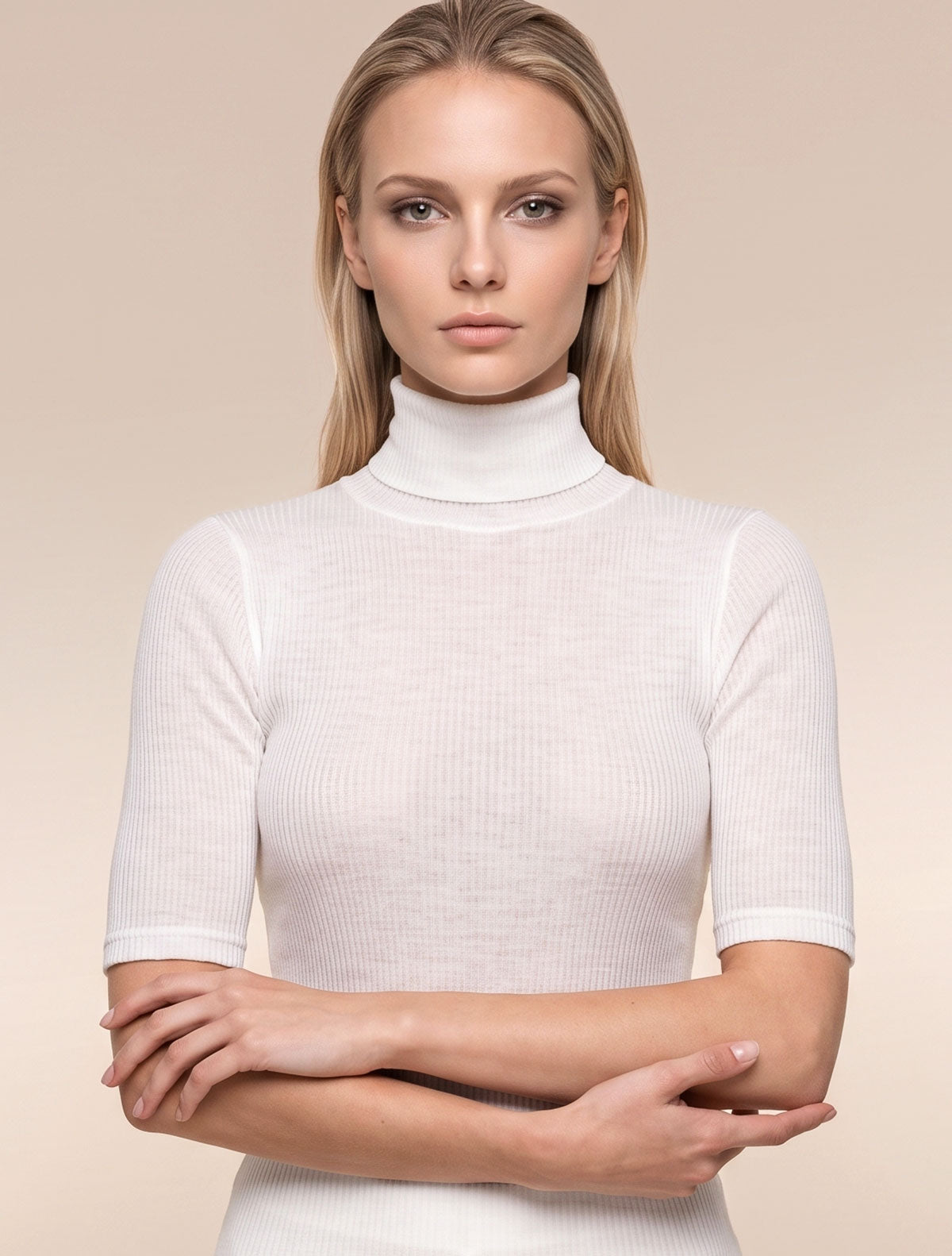 Col roulé manches courtes cashmere modal côtelé * Bianco