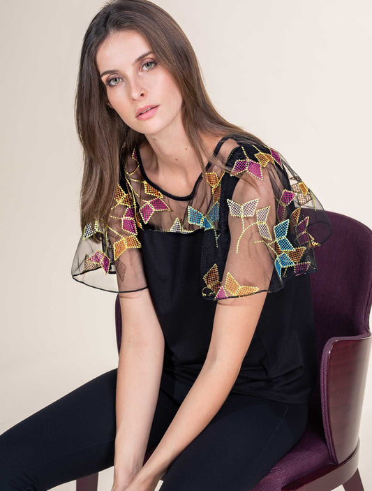 Maglia viscosa aletta tulle ricamato