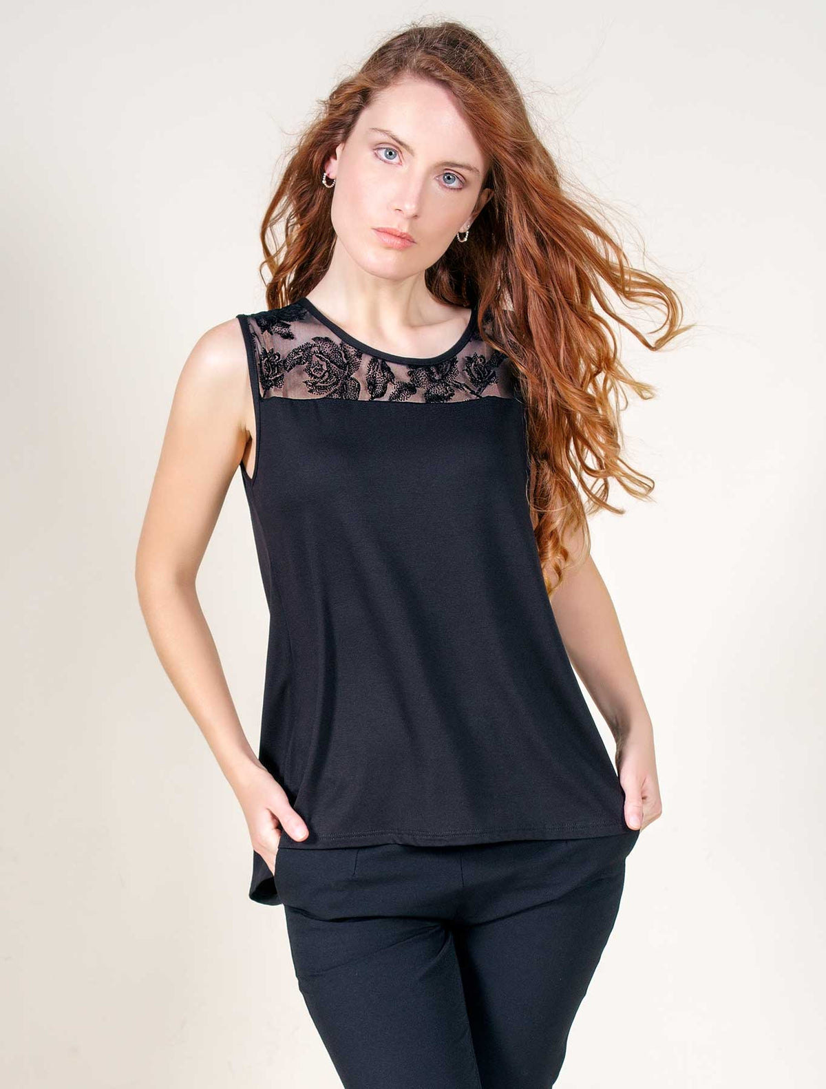 Viscose flocked tulle tank top