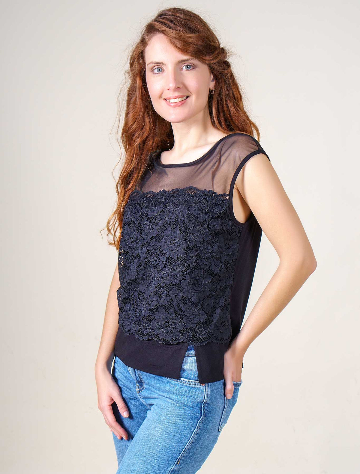 Canotta doppiata viscosa pizzo spacchetto nero