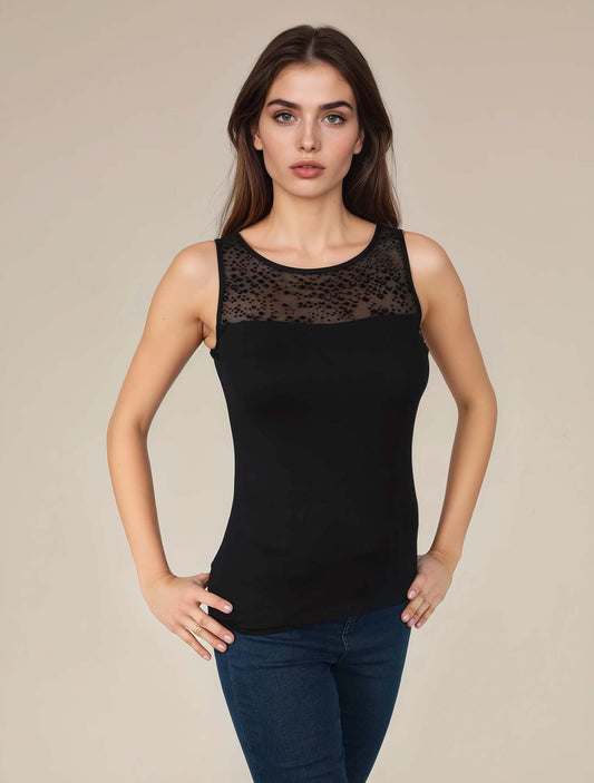 Canotta viscosa tulle flock leopard colore Nero