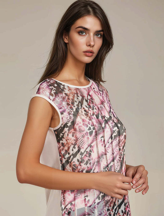 Canotta tulle multicolor e paillettes nudo