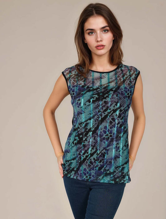 Canotta tulle multicolor e paillettes-Nero