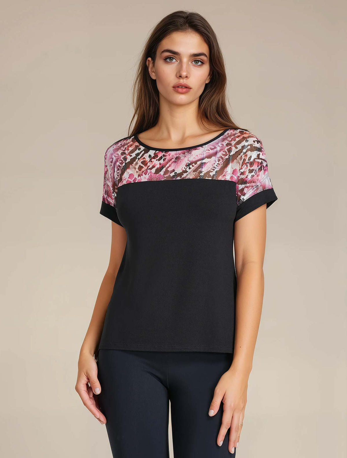 T-shirt viscosa tulle multicolor e paillettes colore Nero