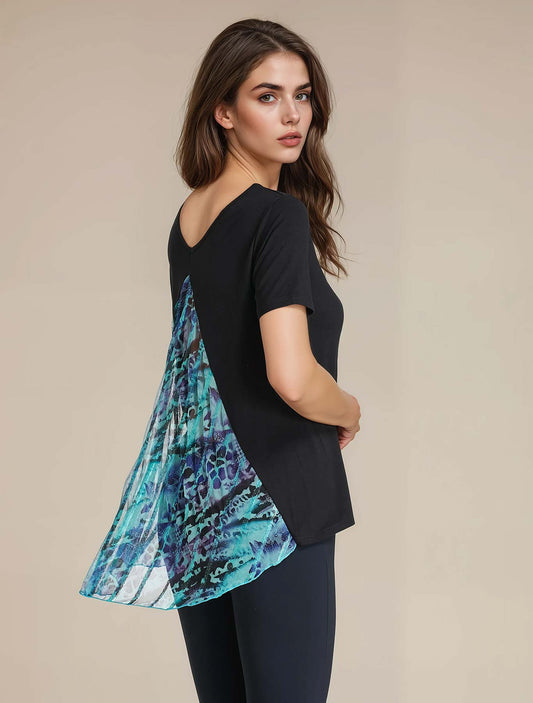 Maglia viscosa schiena tulle multicolor e paillettes colore Nero