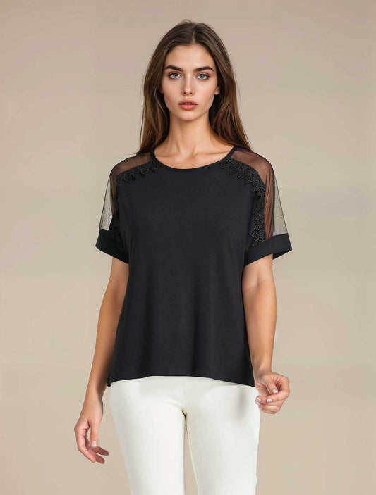 Kimono viscosa maniche inserto tulle nero