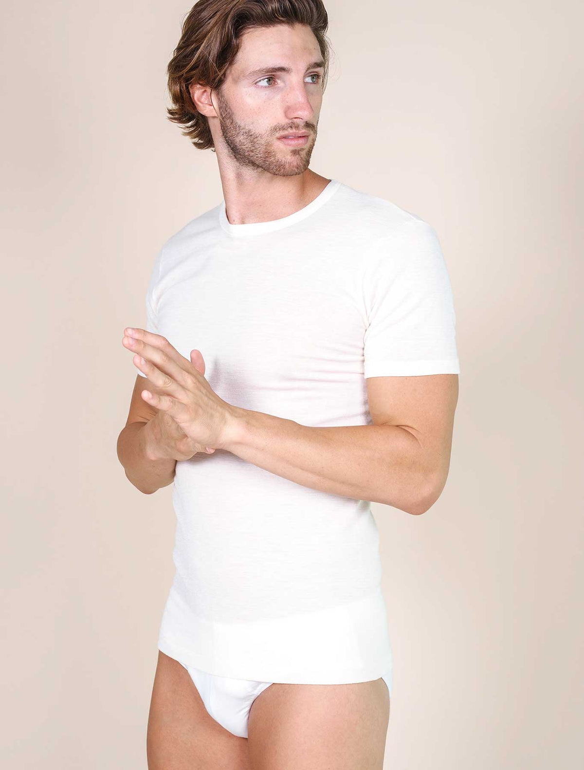 T-shirt uomo lana seta colore bianco
