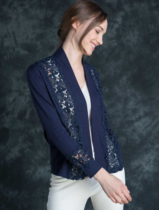 Cardigan aperto lana seta macramè blu