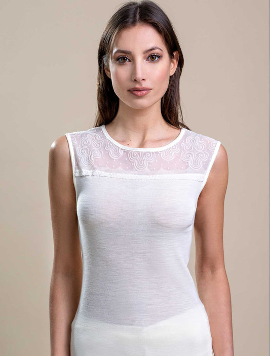 Canotta lana seta liscia tulle devoré colore bianco