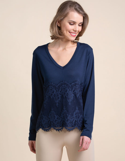 Maglia lana seta pannello pizzo ricamato