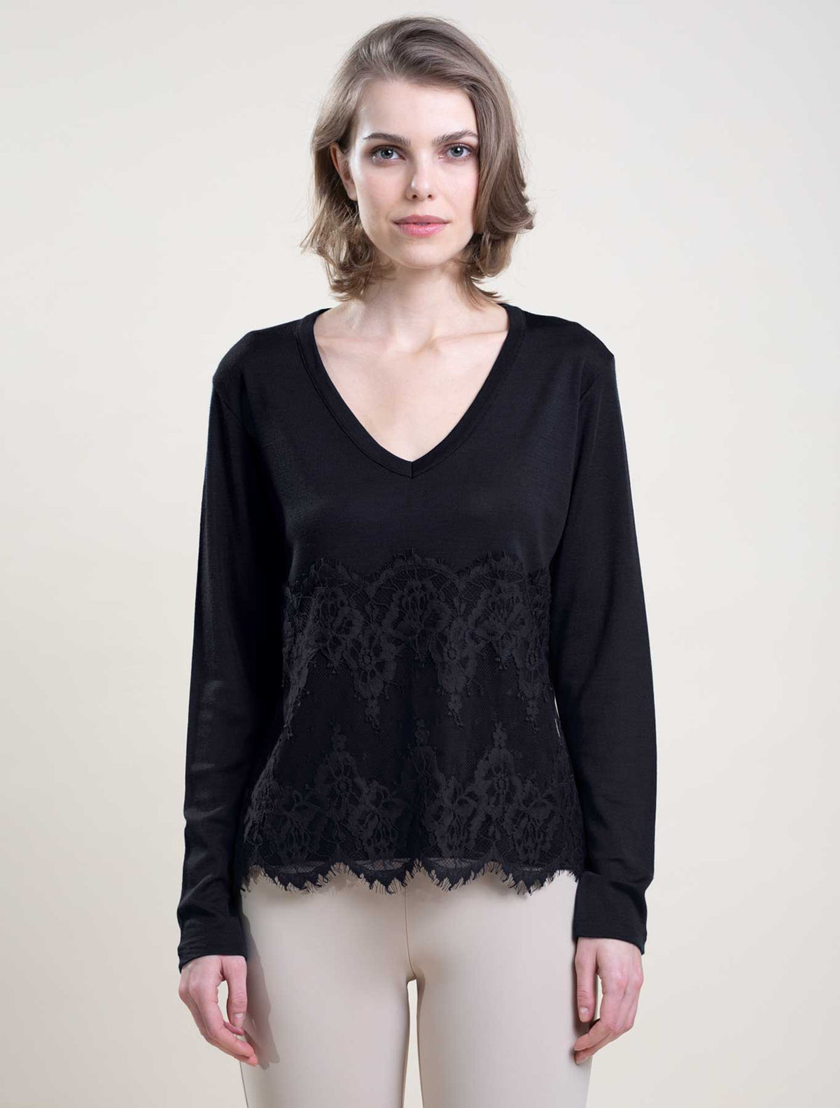 Maglia lana seta pannello pizzo ricamato