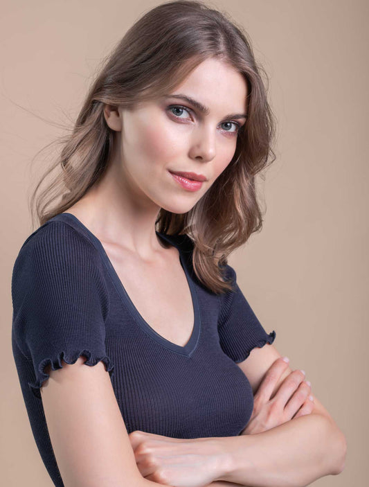 T-shirt Elisa lana seta plissé tulle colore Blu