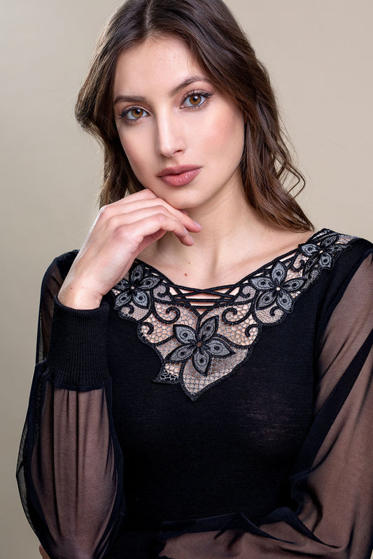Maglia lana seta tulle macramè treccia nero