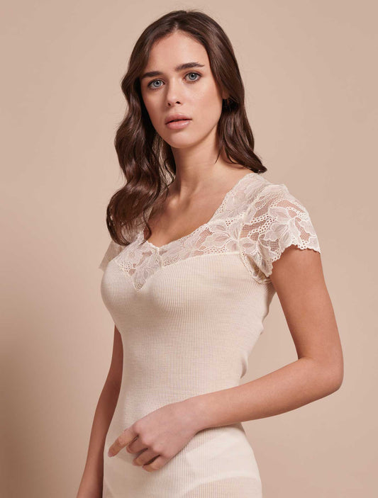 T-shirt lana seta plissé pizzo