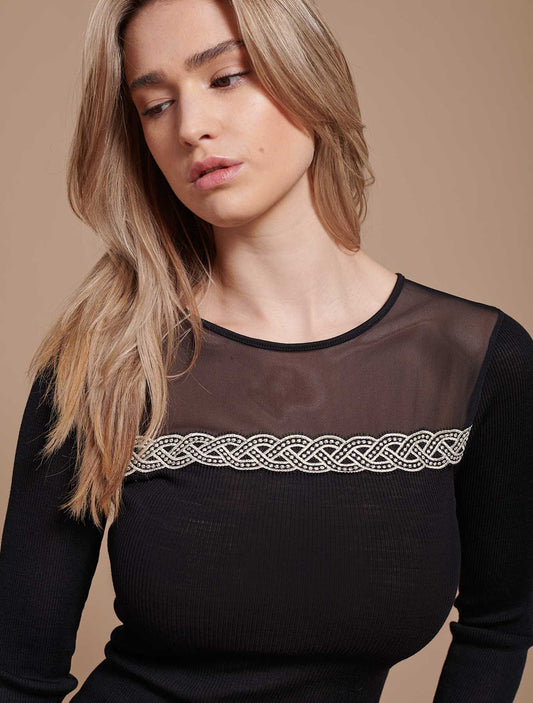 Maglia lana seta catena macramè lurex nera