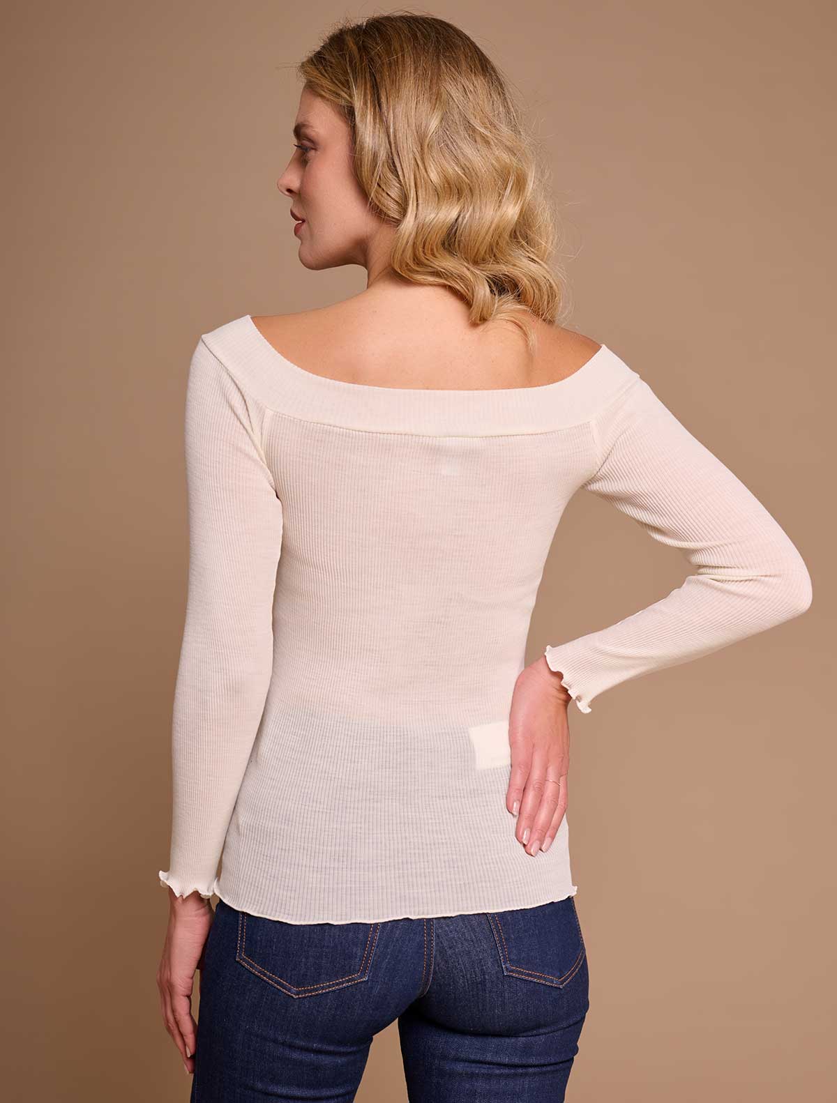 Maglia lana seta plissé spalle scoperte * Bianco