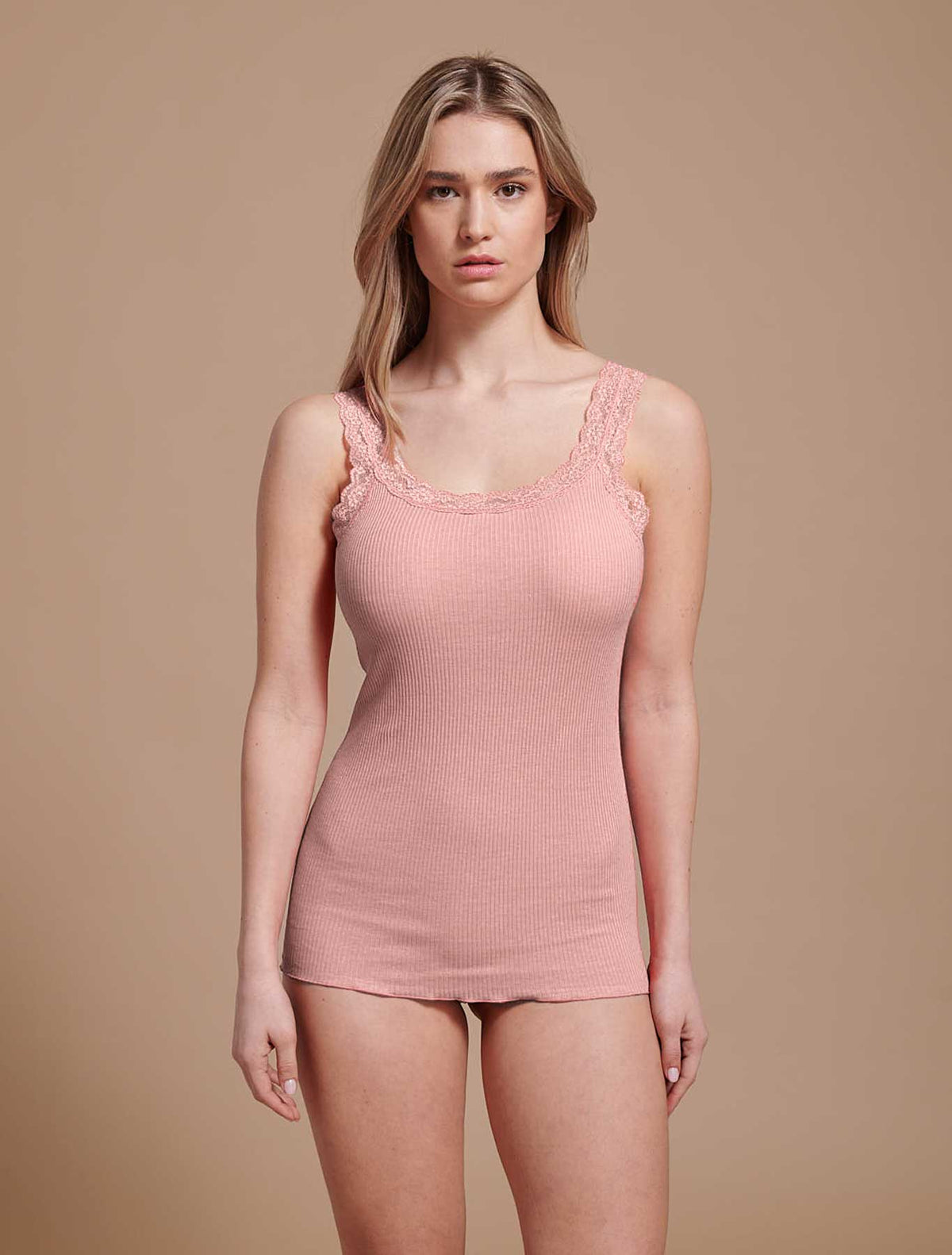 Top cotone plissé spallino pizzo colore rosa antico